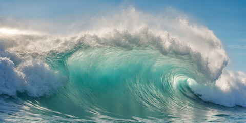 Giant ocean surf wave on a sunny day. Seascape illustration with stormy sea, turquoise water with white foam and splashes, blue sky with clouds. Generative AI