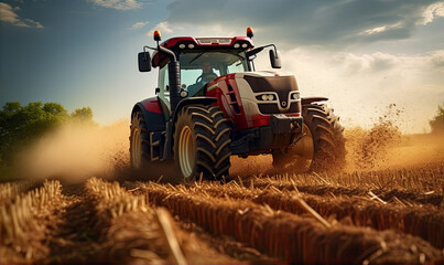 Obraz premium The tractor works the soil in the field with amazing background