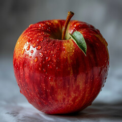 Red Apple With Water Drops, Refreshing and Crisp Juicy Fruit for a Healthy Snack. A vibrant red apple covered in fresh water drops, perfect for a refreshing and crisp snack.