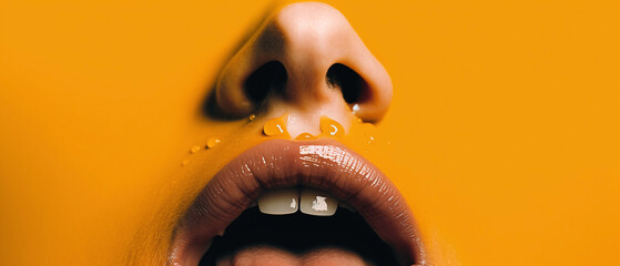 a close up of a woman's lips and a yellow background
