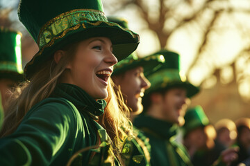 AI Generated Image of young playful people in St Patrick costumes dancing on a city street