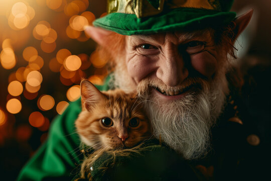 AI Generated Image of smiling senior male leprechaun wearing St Patrick costume holding little cat