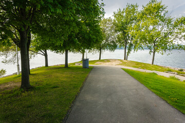 View across the lake from Trail at Bayfront Park in Hamilton, Ontario, Canada.
