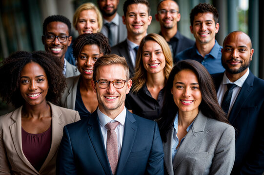 AI Generated Image of diverse group of professional businesspeople smiling confidently in formal attire representing teamwork and inclusivity