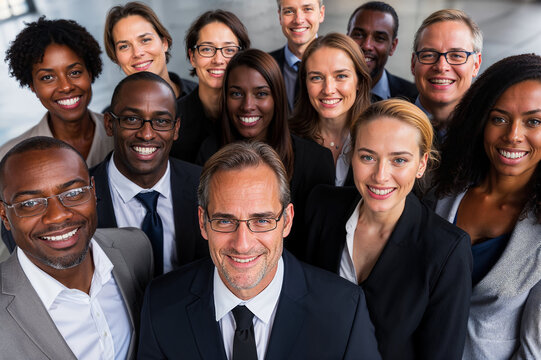 AI Generated Image top view of diverse group of professional businesspeople smiling confidently in formal attire representing teamwork and inclusivity