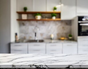 Selective focus on an empty marble countertop with copy space for display products with a blurred white kitchen in the background.
