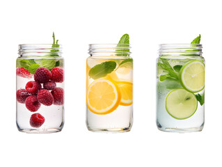 a group of jars of water with fruit slices and mint - Powered by Adobe