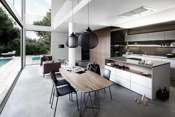 Modern luxury kitchen interior in minimal scandinavian style, 3d rendering