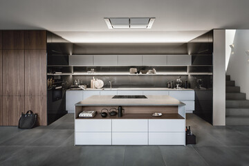 Modern luxury kitchen interior in minimal scandinavian style, 3d rendering