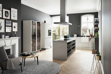 Modern luxury kitchen interior in minimal scandinavian style, 3d rendering