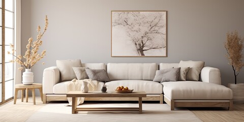 Stylish living room with grey corner sofa, wooden coffee table, dried flower vase, personal accessories. Beige neutral colors. Template.