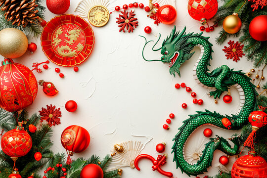 Solid White Free Space, Along The Edge Of The Postcard A Green Dragon With Light Wings Surrounded By Red Festive Elements, Large Christmas Decorations On A Bright Background, Red Lanterns, Gold Coins