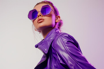 Stylish girl in purple hexagonal glasses and matching jacket of the same color