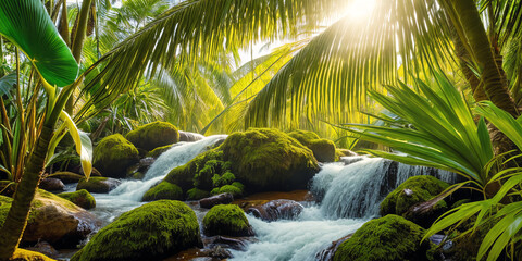 Jungle on a sunny day. Beautiful tropical rainforest illustration with exotic plants, palms, big leaves and flowing water. Bright sunbeams. Background with pristine nature landscape. Generative AI
