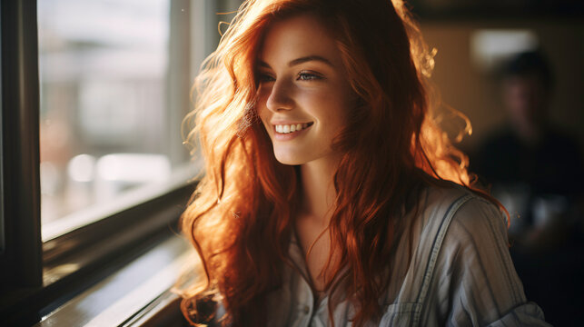 a woman with red hair smiling