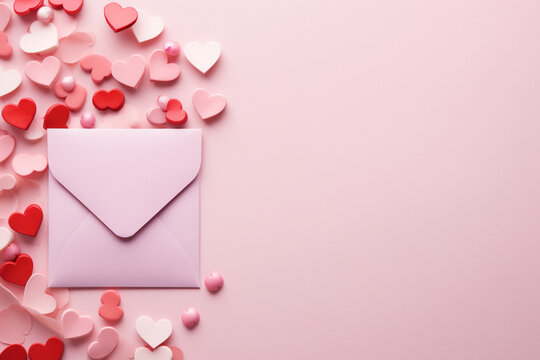 Creative composition on Saint Valentine day. Envelope and various red hearts for love romantic message on pink background. Flat lay