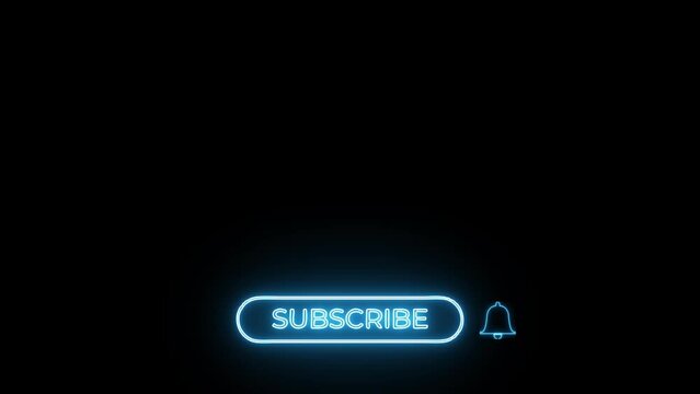 youtube subscribe blue neon glowing button on black screen, bell icon lower third animation