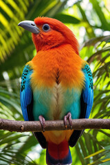 Obraz premium Colorful tropical bird in jungle on a sunny day. Rainforest illustration with bright beautiful birdie among exotic plants with big leaves. Background with pristine nature landscape. Generative AI