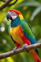 Colorful tropical ara parrot in jungle on a sunny day. Rainforest illustration with bright beautiful macaw among exotic plants with big leaves. Background with pristine nature landscape. Generative AI