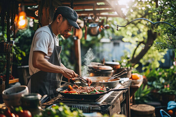 Fototapeta premium Asian barbecue party in the backyard.