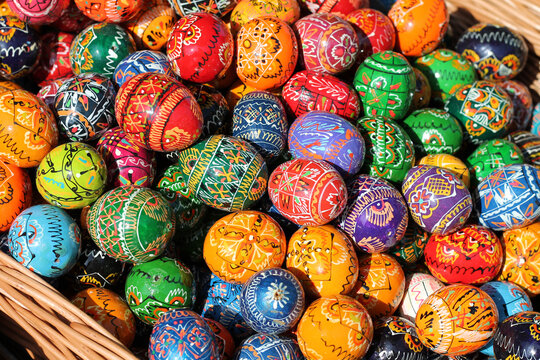  Traditional Czech easter eggs for sale at a market. Hand painted Easter eggs at a basket. 
