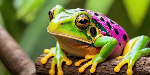 Fotobehang Tropical frog in jungle on a sunny day. Rainforest illustration with bright colorful amphibian among exotic plants with big leaves. Background with pristine nature landscape. Generative AI © Aleksei Solovev