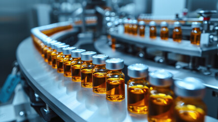 An industrial scene within a pharmaceutical factory, showcasing the production line with pharmaceutical glass bottles and machinery in motion.