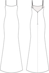 shoulder straps strappy sleeveless classic basic flared bodycon maxi long slip dress template technical drawing flat sketch cad mockup fashion woman design style model - obrazy, fototapety, plakaty
