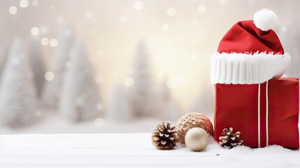 Christmas gifts. High quality photo Christmas gifts, New Year's gifts. White background, on the left there are red and beige paper bags and a red winter hat with a white lapel 