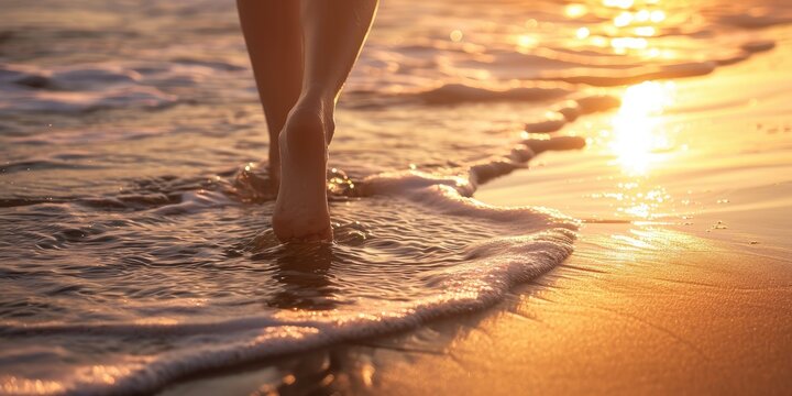 Barefoot walking on the shore in the morning
