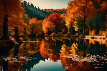 Fototapeten autumn landscape with lake © hassan