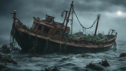 A scary fishing boat in a sea of slime, with fog, vines, and  