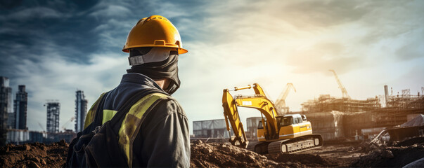 Fototapeta premium Worker from behind with yellow helmet on constructon site. Industry concept
