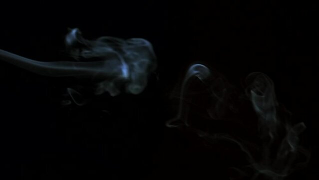 Smoke isolated on black background. Blue smoke raising up over black. Steaming cup of hot tea or coffee, food or drink. Slow motion video. 