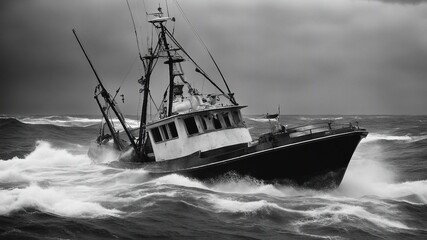 black and white photo of A scary sport fishing boat in a sea of blood, with storm  - obrazy, fototapety, plakaty