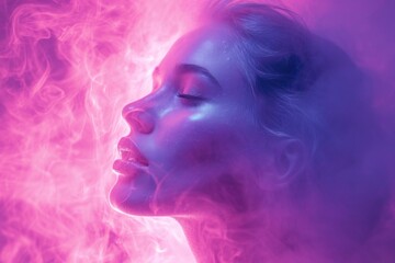 An artistic portrayal of serenity, with vibrant neon colors creating a mystical aura around a peaceful visage, Visual metaphor of emotional healing with flowing neon elements - obrazy, fototapety, plakaty