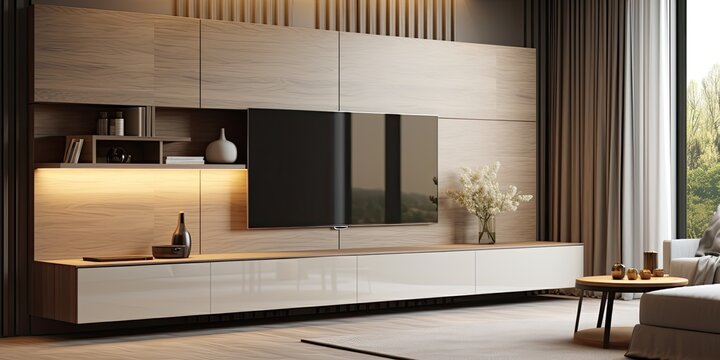 Modern TV unit enhancing stylish bedroom interior design.