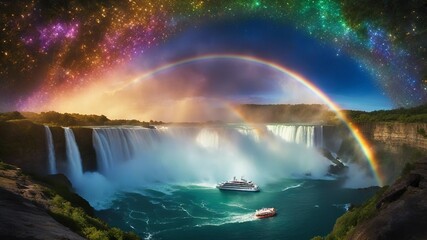 highly intricately detailed photograph of  Spectacular rainbow near tourist boat  