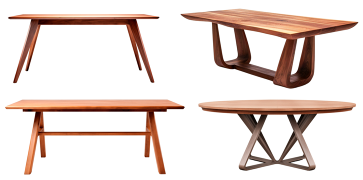 Set of tables. Wooden rectangular table on designer legs. Semicircular table. Isolated on a transparent background. - Powered by Adobe