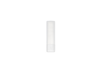 Small empty plastic container on a white background. 
Small transparent rectangular plastic box.