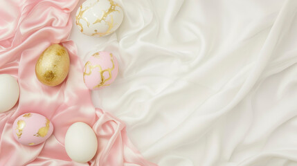 Fototapeta na wymiar Pink, white and golden colored Easter eggs flat lay with copy space. White silk fabric background.