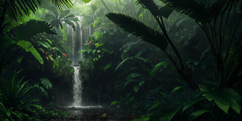 Waterfall in wild jungle. Heavy rain. Dark tropical forest with exotic plants, palm trees, big leaves and ferns. Scary thicket of the rainforest. Stream of water, wet green vegetation. Generative AI - obrazy, fototapety, plakaty