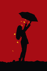 Original vector illustration. Silhouette of a girl with an umbrella on a red background, with falling leaves.