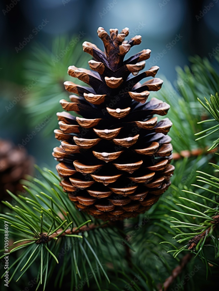 Poster a detailed macro photo of a pine cone on a pine tree, capturing the intricate patterns and textures.