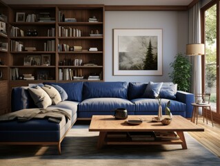 A stunning modern living room with a blue couch, coffee table, and warm wood accents. Generative AI.