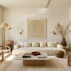 A minimalist living room with white furniture and a captivating large painting. Generative AI.