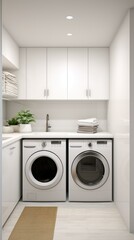 A pristine white laundry room with modern washer and dryer. Well-lit, minimalist design emphasizes cleanliness and symmetry. Generative AI.