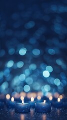 Fototapeta premium Serenity in Blue: Glittering Candles and Bokeh Lights, Vertical Poster or Sign with Open Empty Copy Space for Text 