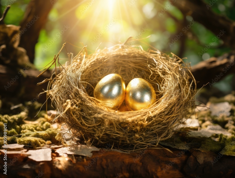 Poster golden eggs in nest with sun shining on it. generative ai.
