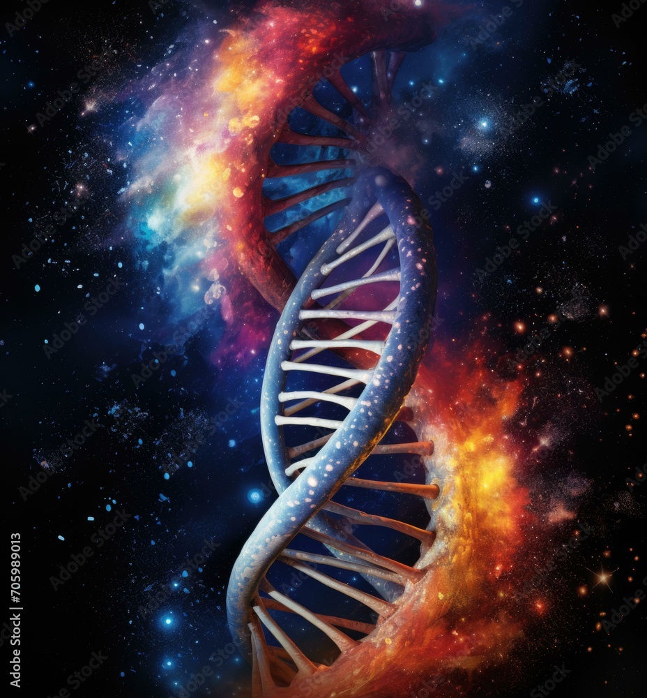 Poster dna structure in space with stars and nebula. generative ai.